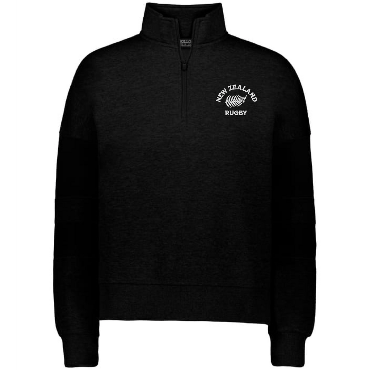 The EMB Augusta Women's Nations of Rugby New Zealand Jackson Way Pullover is a black quarter-zip sweatshirt with "New Zealand Rugby" and a silver fern logo in white—ideal supporter apparel.