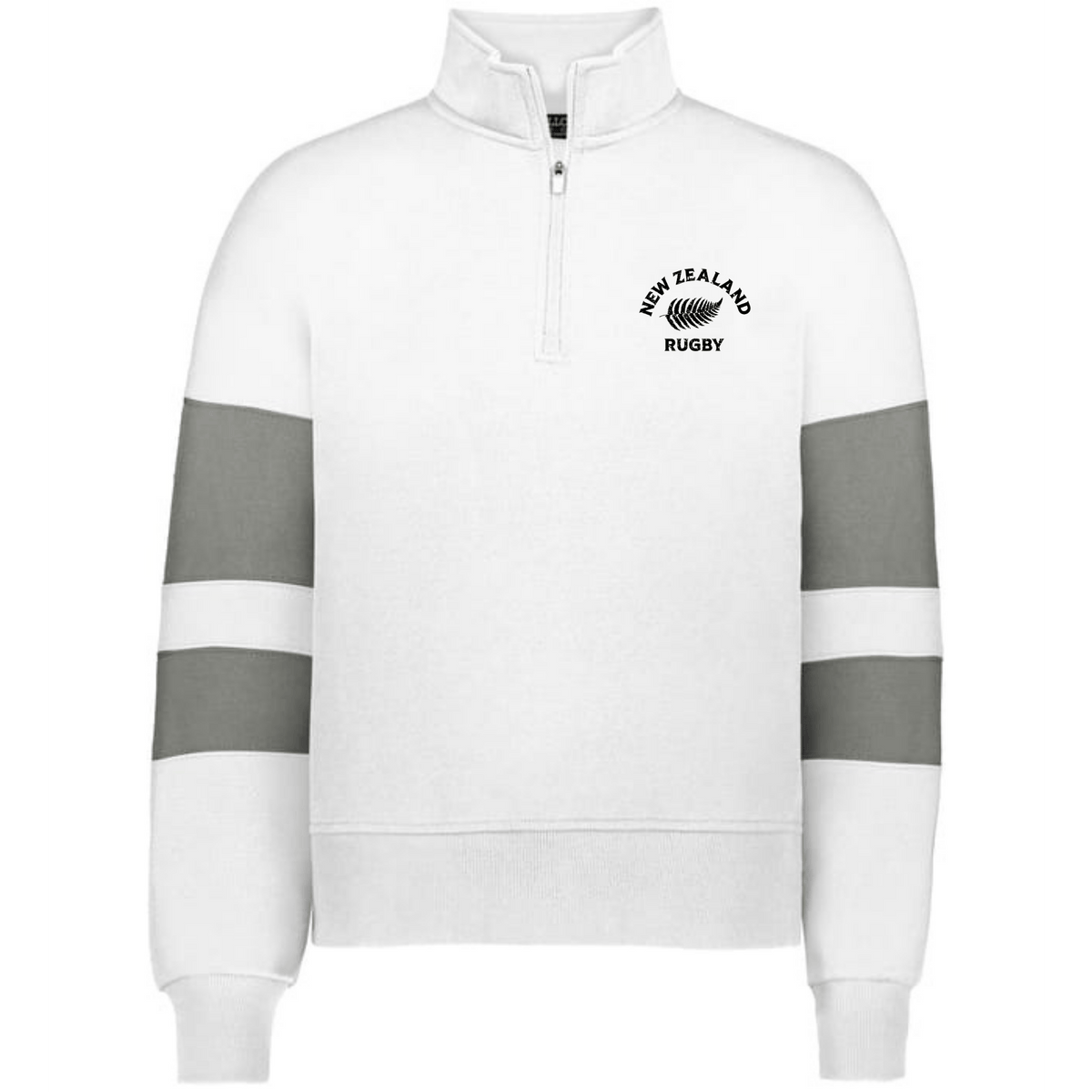 The EMB Augusta Women's Nations of Rugby New Zealand Jackson Way Pullover is a white fleece quarter-zip with two gray sleeve stripes and a "New Zealand Rugby" fern logo on the upper left chest.