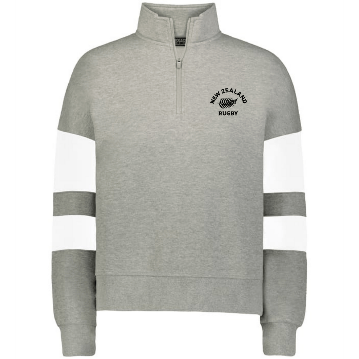 The EMB Augusta Women's Nations of Rugby New Zealand Jackson Way Pullover is a grey cropped quarter-zip fleece featuring white sleeve stripes and a black fern "New Zealand Rugby" logo on the left chest for sporty comfort.