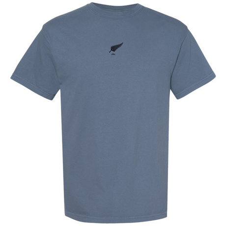 The EMB S&S Activewear New Zealand Vintage Comfort Tee is a plain blue shirt with a small black fern leaf design centered on the chest.