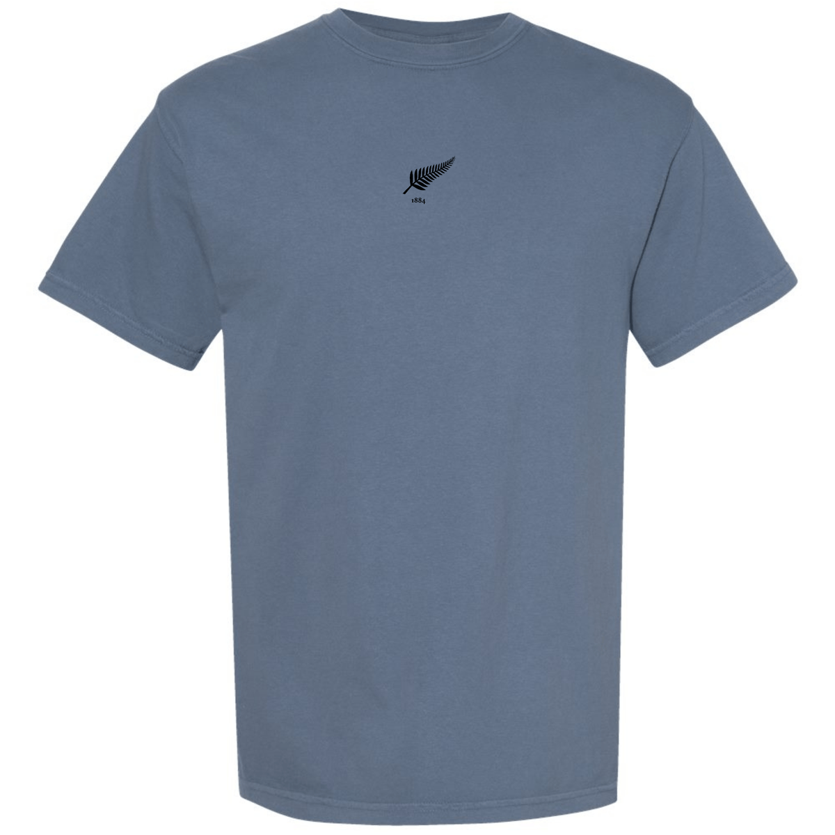 The EMB S&S Activewear New Zealand Vintage Comfort Tee is a plain blue shirt with a small black fern leaf design centered on the chest.