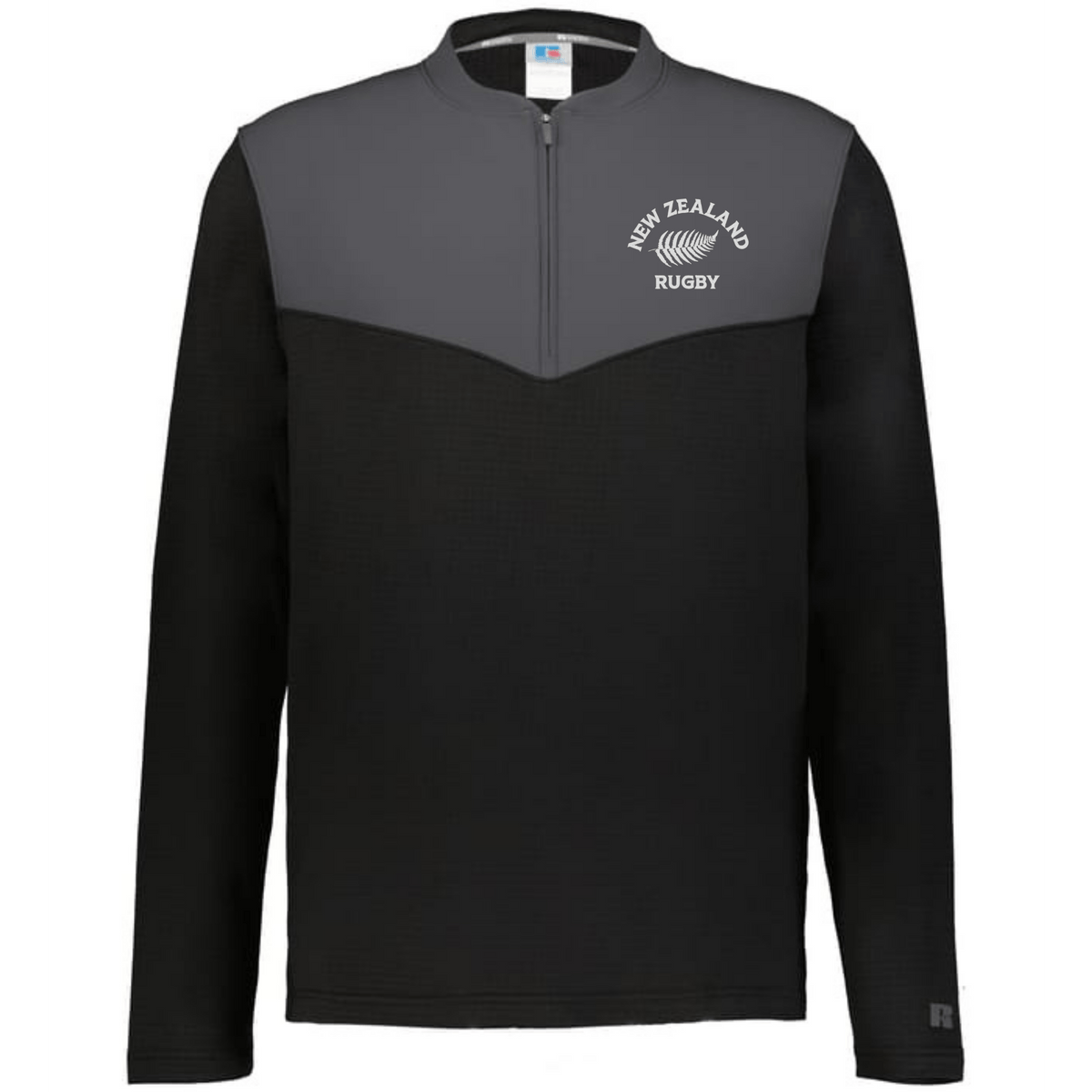 The EMB Augusta Nations of Rugby New Zealand Sideline Grid 1/4 Zip Pullover features black and gray long sleeves with "New Zealand Rugby" and a rugby ball graphic printed on the left chest.