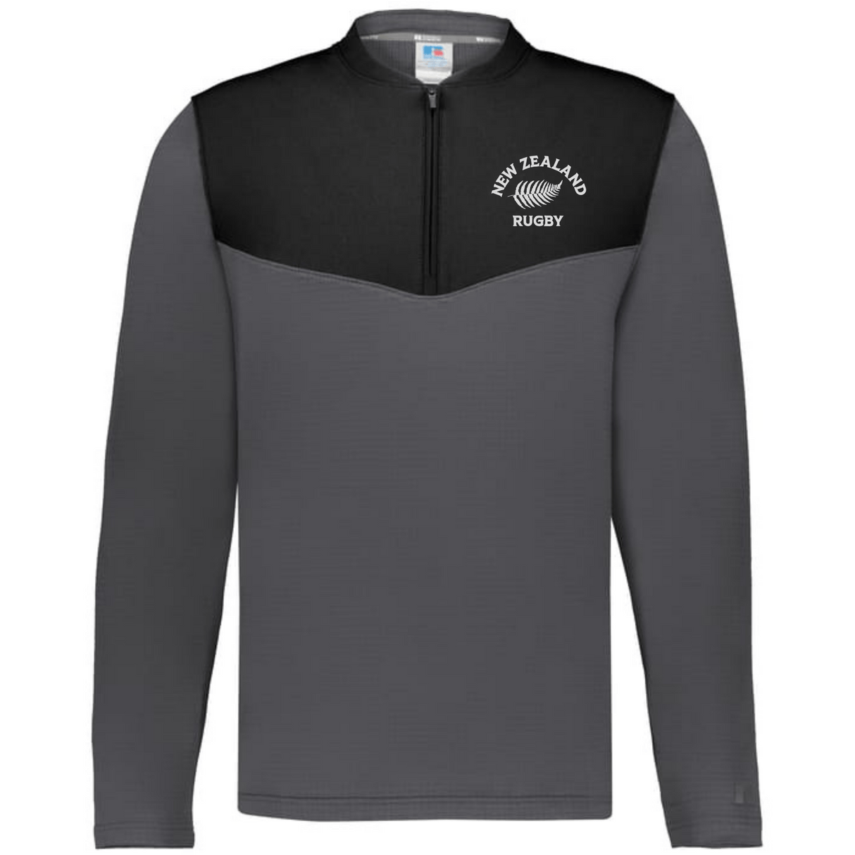 The EMB Augusta Nations of Rugby New Zealand Sideline Grid 1/4 Zip Pullover is a gray and black long-sleeve featuring "New Zealand Rugby" text and a rugby ball graphic on the left chest.