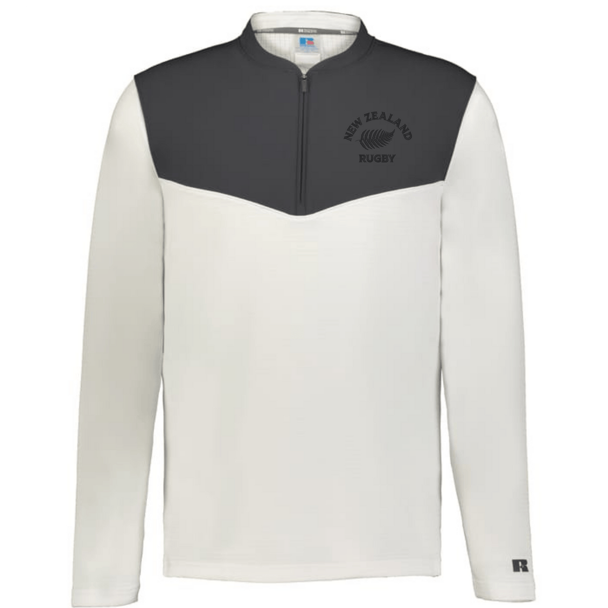 The EMB Augusta Nations of Rugby New Zealand Sideline Grid 1/4 Zip Pullover features long sleeves, a dark grey upper, white lower body and sleeves, plus "New Zealand Rugby" and fern logo on the chest for classic rugby style.