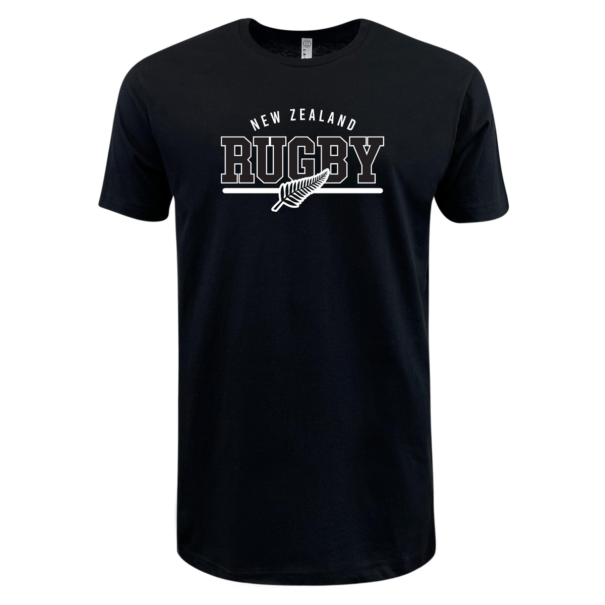 The WRS LAT Nations of Rugby New Zealand Wordmark Supersoft Tee is a black, ultra-soft shirt featuring "New Zealand Rugby" and a silver fern design in white text on the front.