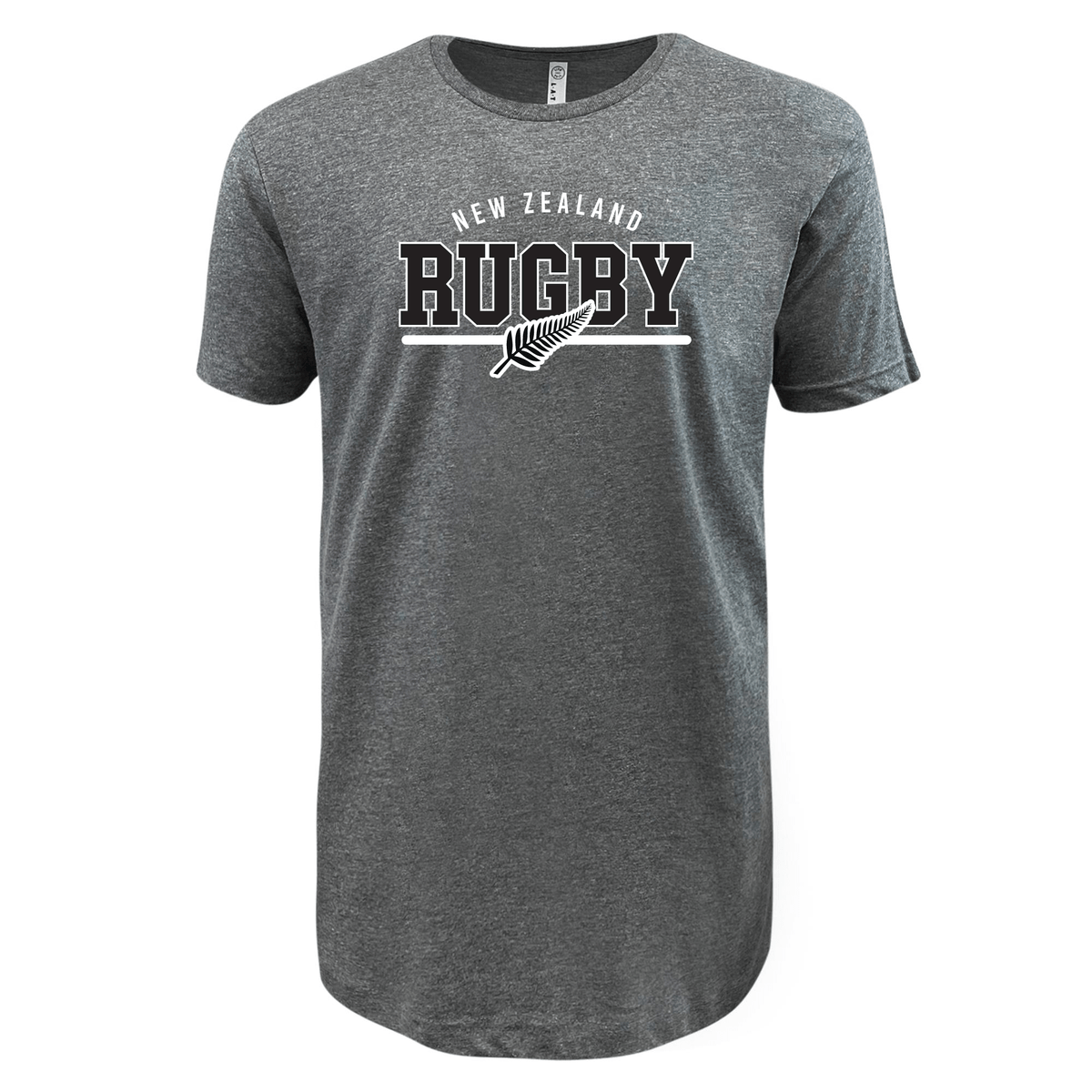 The "Nations of Rugby New Zealand Wordmark Supersoft Tee" by WRS LAT is a supersoft grey shirt featuring the text "New Zealand Rugby" in white and black, along with a white fern leaf graphic—an ideal pick for fans of rugby nations.