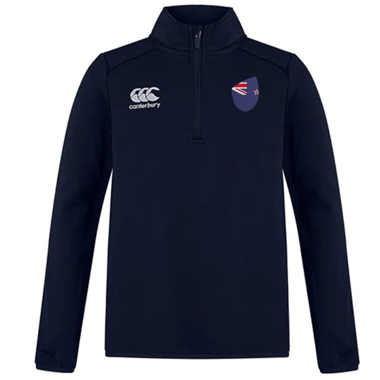 The New Zealand Club Shield 1/4 Zip Training Top by EMB Canterbury is a navy pullover with a modern fit, featuring the Canterbury logo on the right chest and a New Zealand shield emblem on the left. Made from durable fleece, it's ideal for casual wear or rugby training.