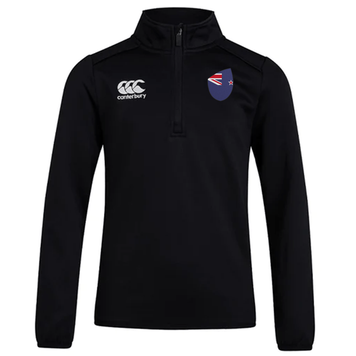 The New Zealand Club Shield 1/4 Zip Training Top by EMB Canterbury is a black, modern-fit long-sleeve pullover with a half-zip design. It features the Canterbury logo on the left chest and a stylized flag emblem on the right, crafted from durable fleece for optimal comfort.