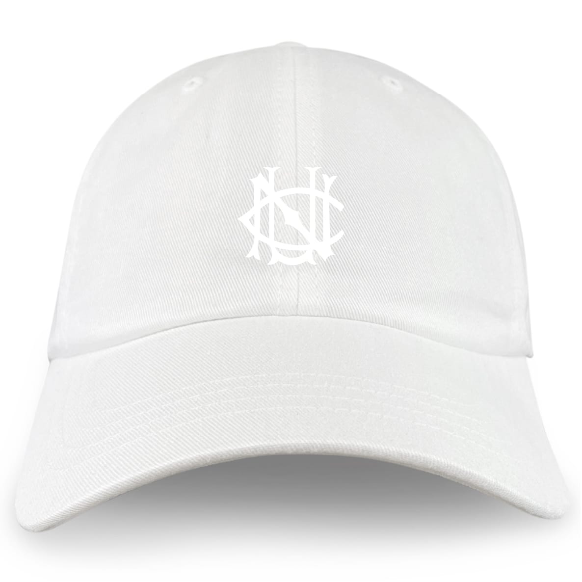 The EMB S&S Activewear UNC Rugby Adult Low-Profile Cotton Twill Dad Cap is a white cotton twill hat with a white embroidered stylized overlapping letter logo on the front.