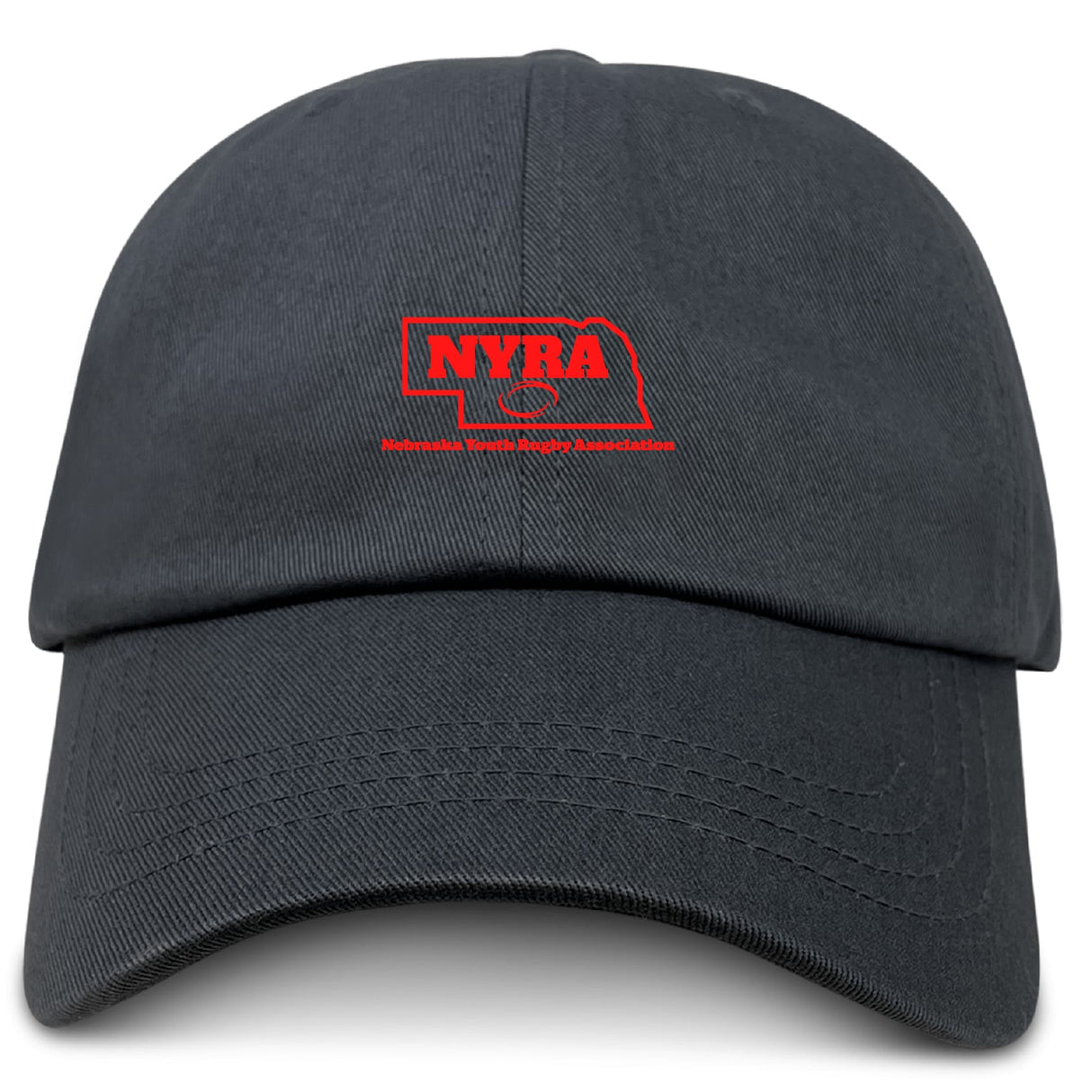 The Nebraska Youth Rugby Association Adult Low-Profile Cotton Twill Dad Cap by EMB S&S Activewear features black cotton twill and a red "NYRA" logo with "Nebraska Youth Rugby Association" embroidered on the front.