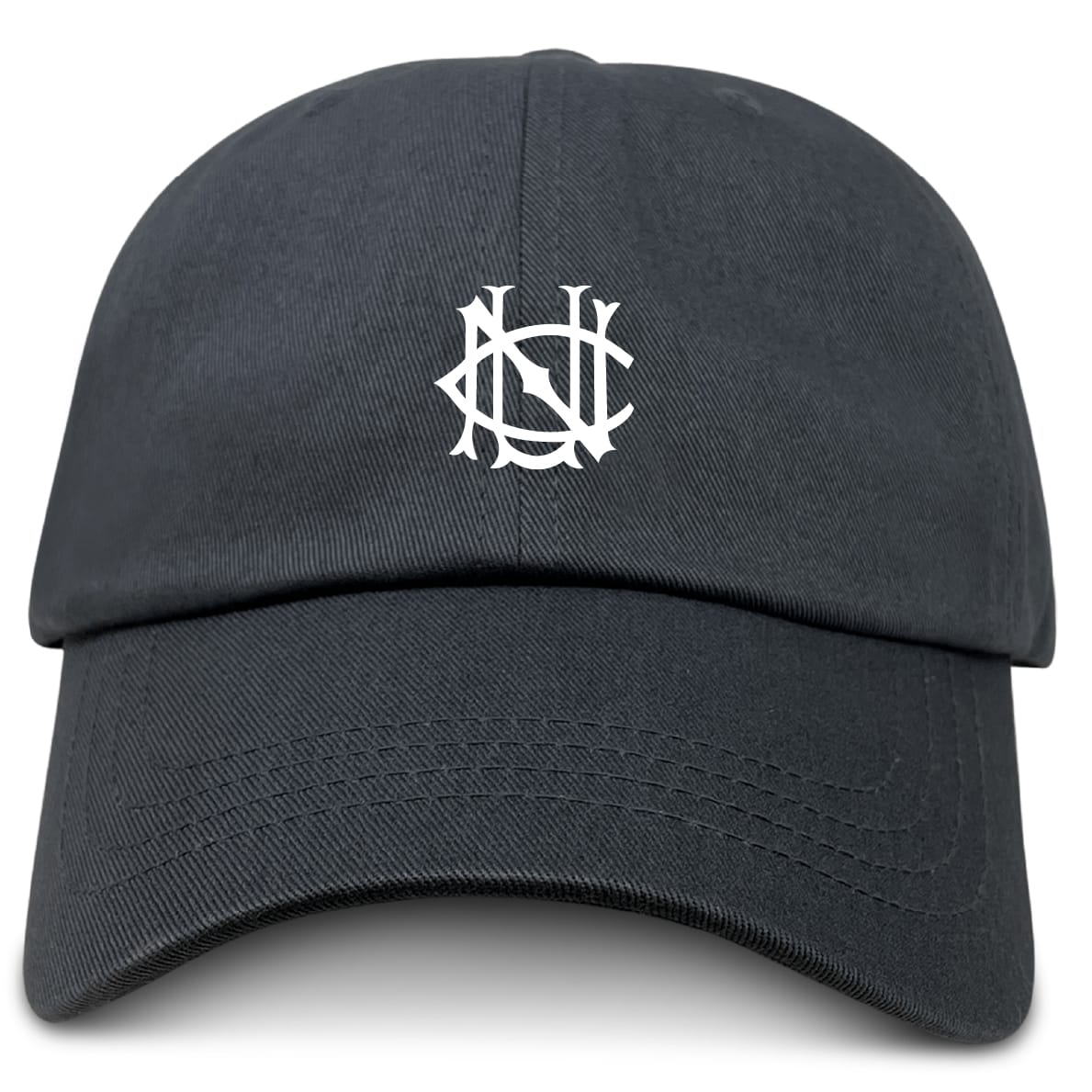 The UNC Rugby Adult Low-Profile Cotton Twill Dad Cap by EMB S&S Activewear is a black dad cap with a white, stylized overlapping letter logo and embroidered team branding on the front.