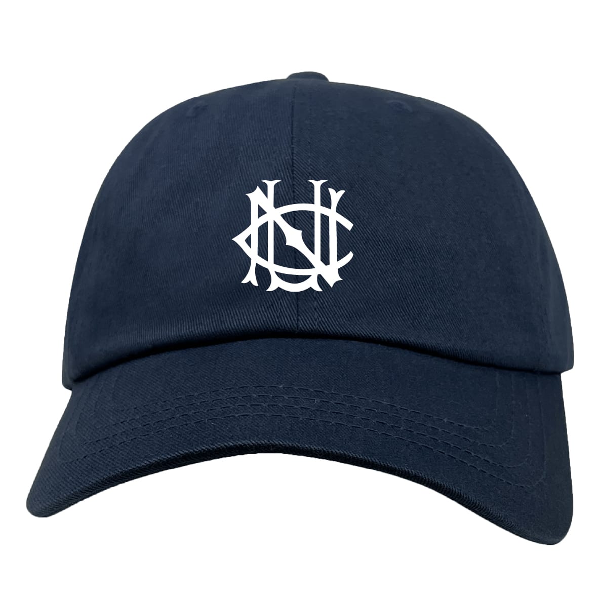 The EMB S&S Activewear UNC Rugby Adult Low-Profile Cotton Twill Dad Cap is navy blue with a white embroidered interlocking "NYC" logo on the front.