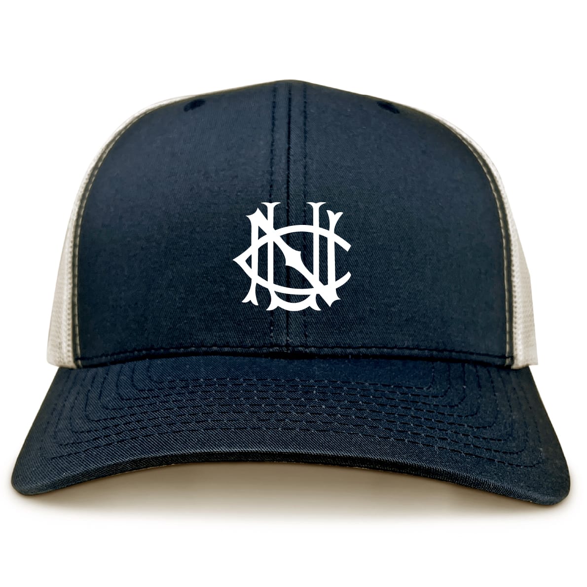 The EMB S&S Activewear UNC Rugby Retro Trucker Cap is a navy blue and white hat with an embroidered interlocking "N" and "Y" logo on the front, finished with a classic snapback closure.