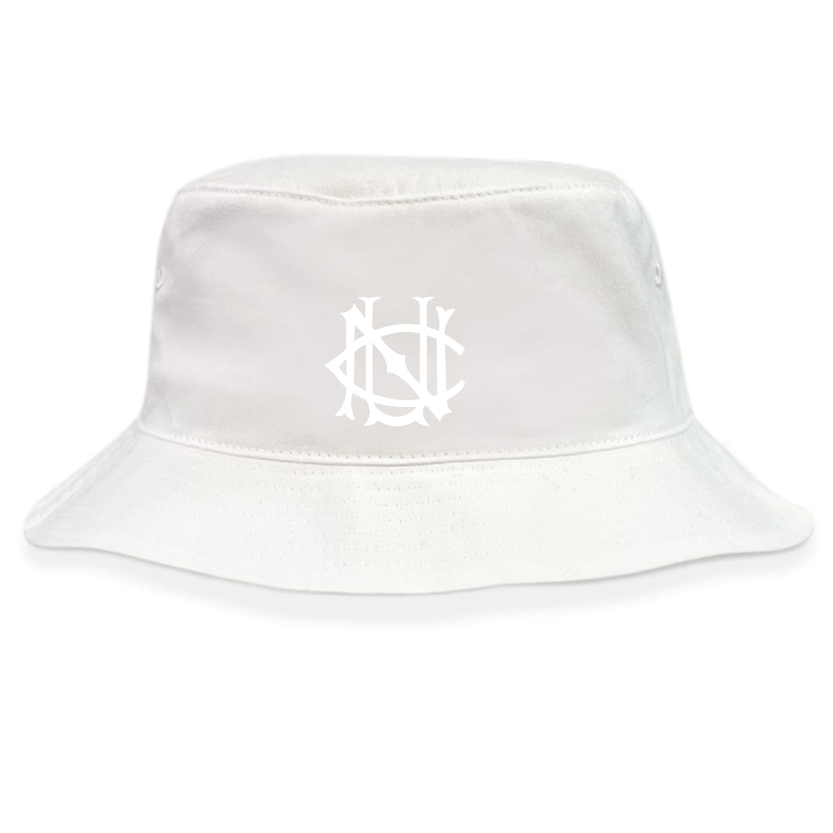 The UNC Rugby Crusher Bucket Cap by EMB S&S Activewear is a white cotton hat featuring an embroidered monogram-style logo on the front center, combining stylish sun protection with casual flair.