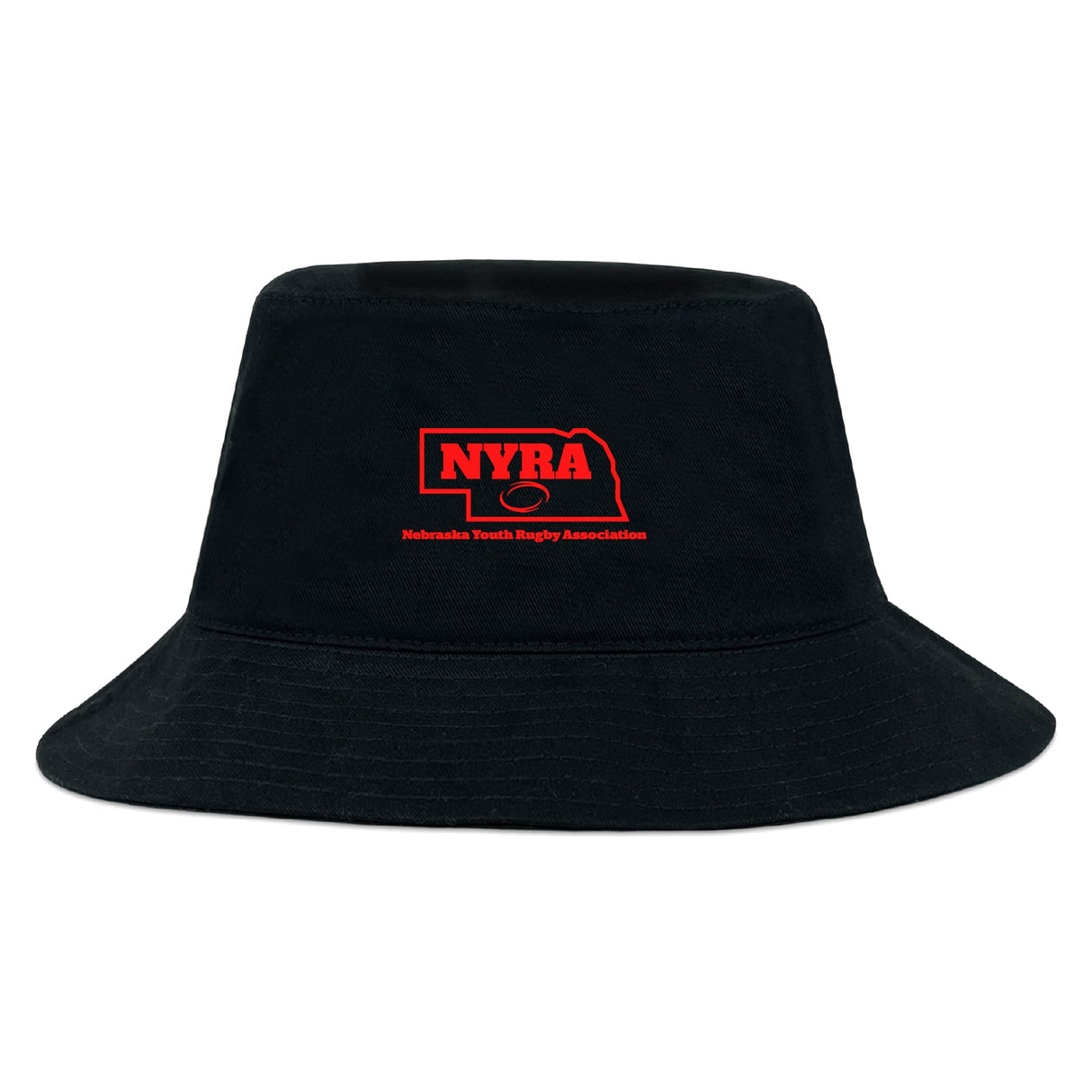 The Nebraska Youth Rugby Association Crusher Bucket Cap by EMB S&S Activewear is a black cotton twill hat with a red NYRA logo on the front, combining style and sun protection.