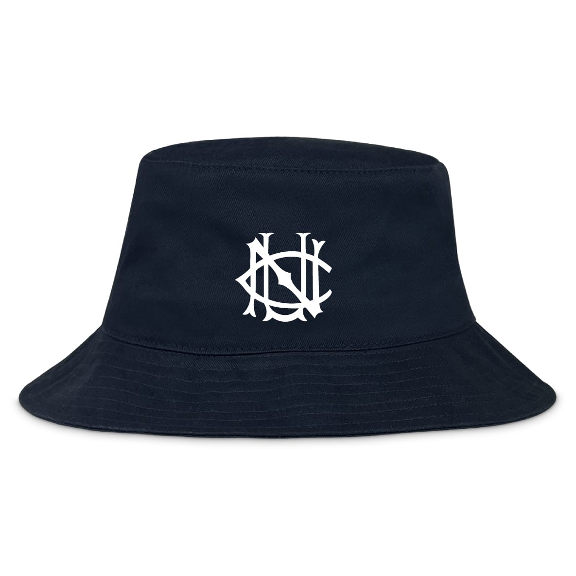 The UNC Rugby Crusher Bucket Cap by EMB S&S Activewear is a navy cotton hat with a white interlocking "NY" logo on the front, blending style and sun protection.