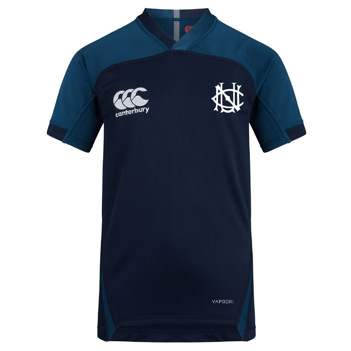 The UNC Rugby Vapodri Evader Jersey by EMB Canterbury is a navy blue short-sleeve rugby top with dark blue accents, Canterbury and NH chest logos, and "Vapodri" near the hem for advanced moisture-wicking.