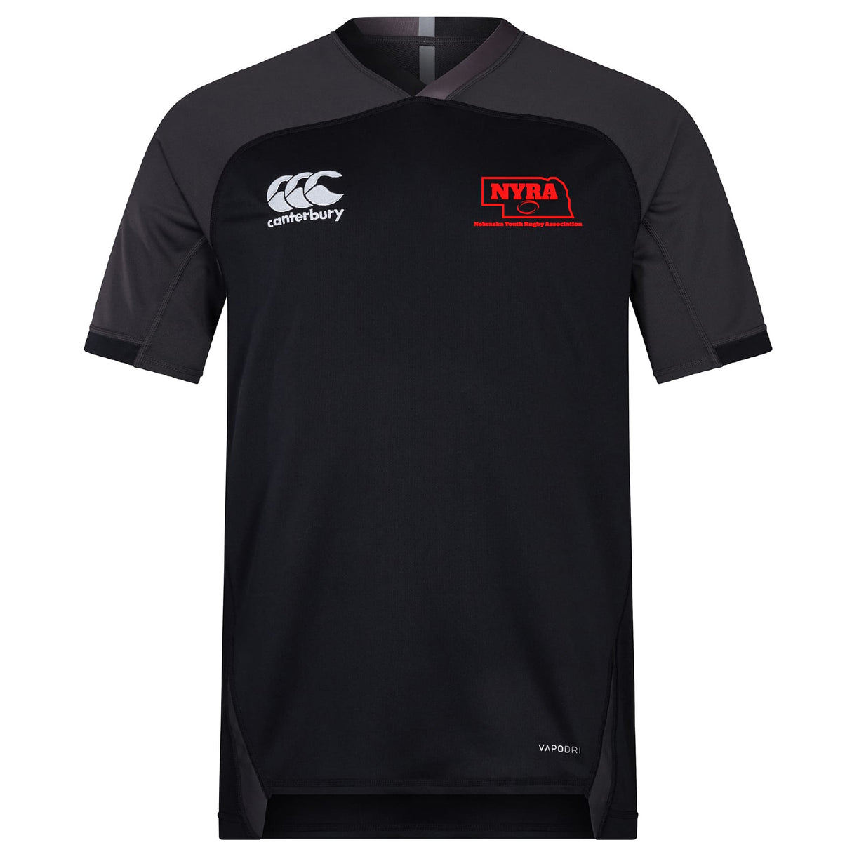 The Nebraska Youth Rugby Association Vapodri Evader Jersey by EMB Canterbury is a black short-sleeve athletic top with Canterbury and NYRA logos, made with moisture-wicking technology for comfort and performance.