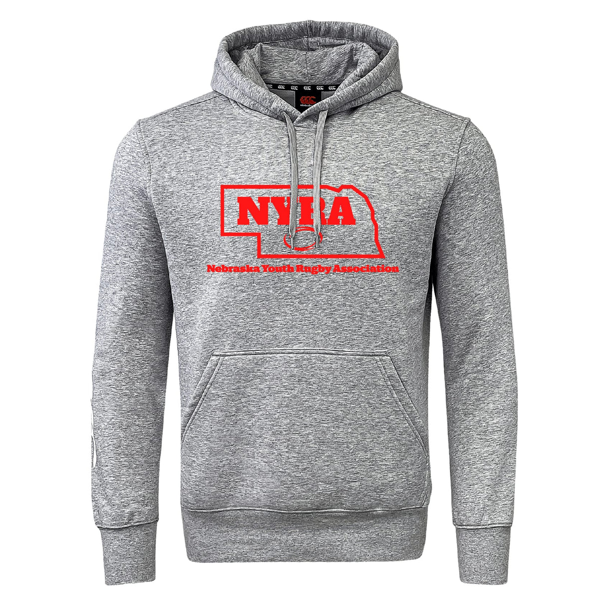 The Nebraska Youth Rugby Association Club Hoodie by Canterbury from WRS Canterbury features red "NYRA," "Nebraska Youth Rugby Association" text, and a Nebraska state outline—a custom rugby hoodie perfect for club fans.