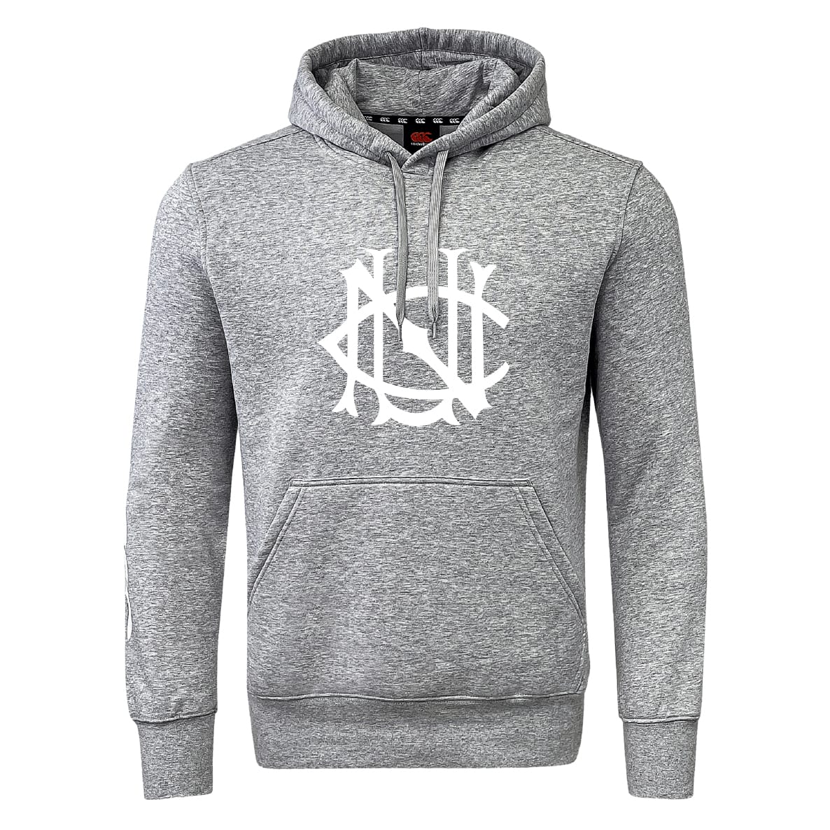 The UNC Rugby Club Hoodie by WRS Canterbury is a heather gray hoodie with a large white front graphic logo and a classic kangaroo pocket.
