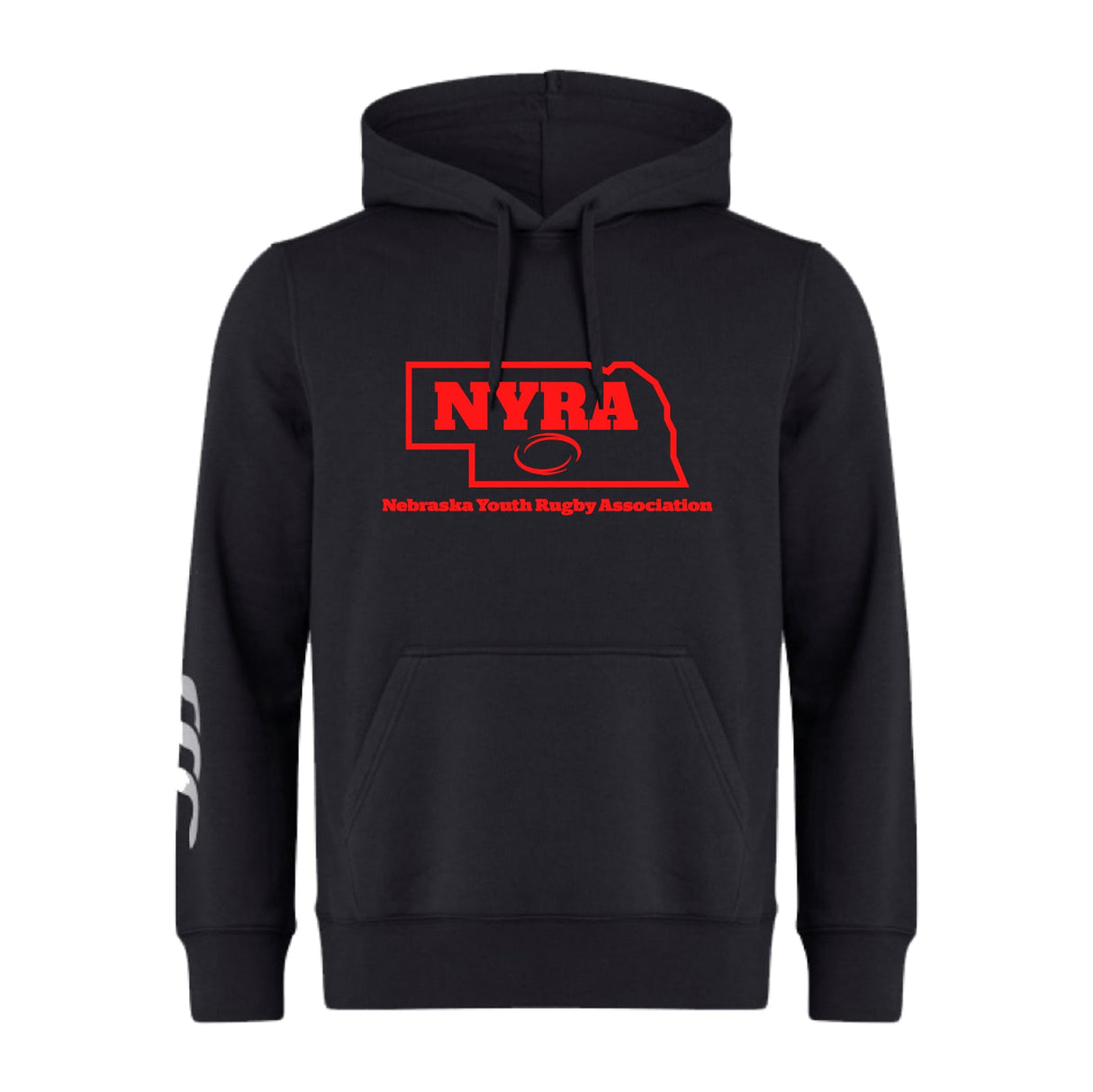 The Nebraska Youth Rugby Association Club Hoodie by WRS Canterbury features a red NYRA rugby ball logo on the front and three white left sleeve stripes—the ideal custom rugby hoodie for fans.