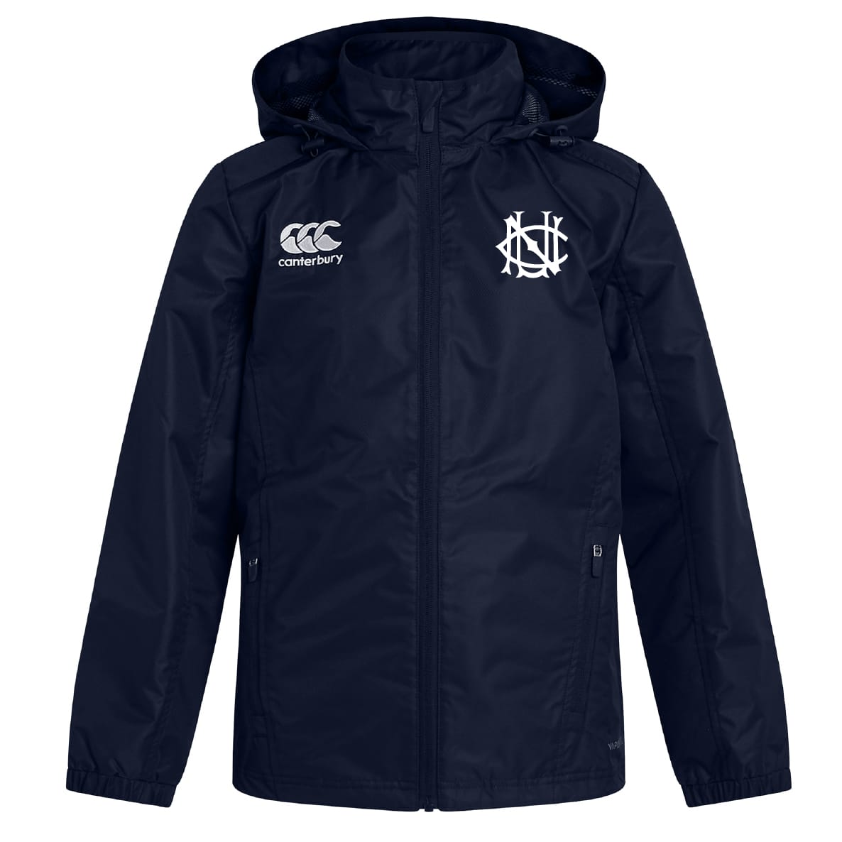 The UNC Rugby Club Vaposhield Full Zip Rain Jacket by EMB Canterbury features a navy blue design, white Canterbury logo on the right chest, white monogram on the left, and VapoShield technology for water resistance.