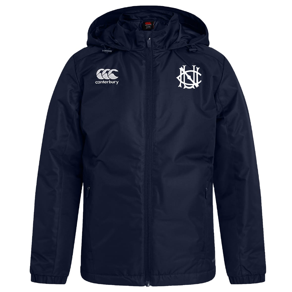 The UNC Rugby Club Vaposhield Stadium Jacket by EMB Canterbury is a navy blue hooded jacket with front zipper, padded insulation, the Canterbury logo on the right chest, and a white monogram on the left chest.