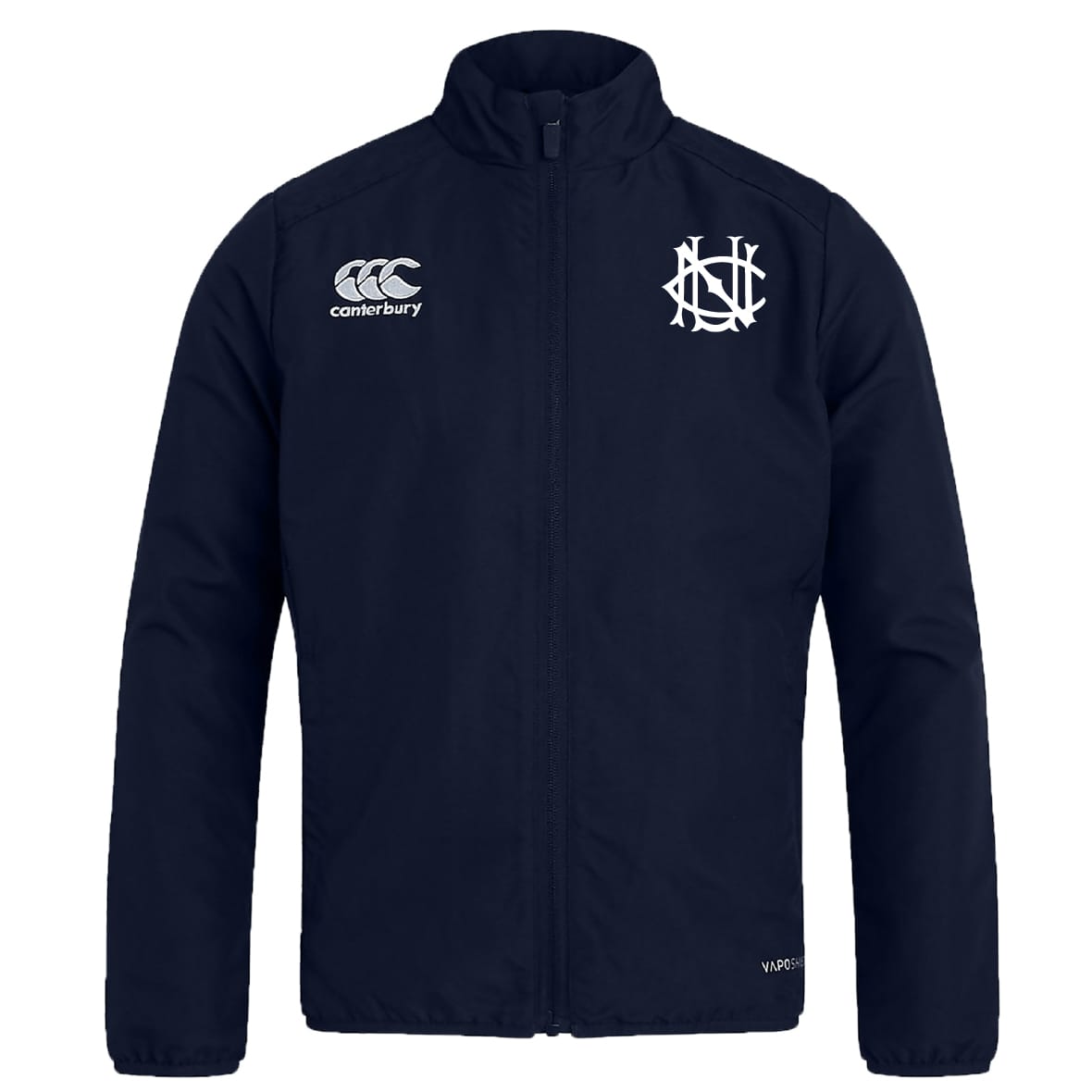 The UNC Rugby Club Track Jacket by EMB Canterbury features the club logo on the left chest and Canterbury logo on the right. This lightweight, water-repellent jacket offers all-weather comfort and classic style.