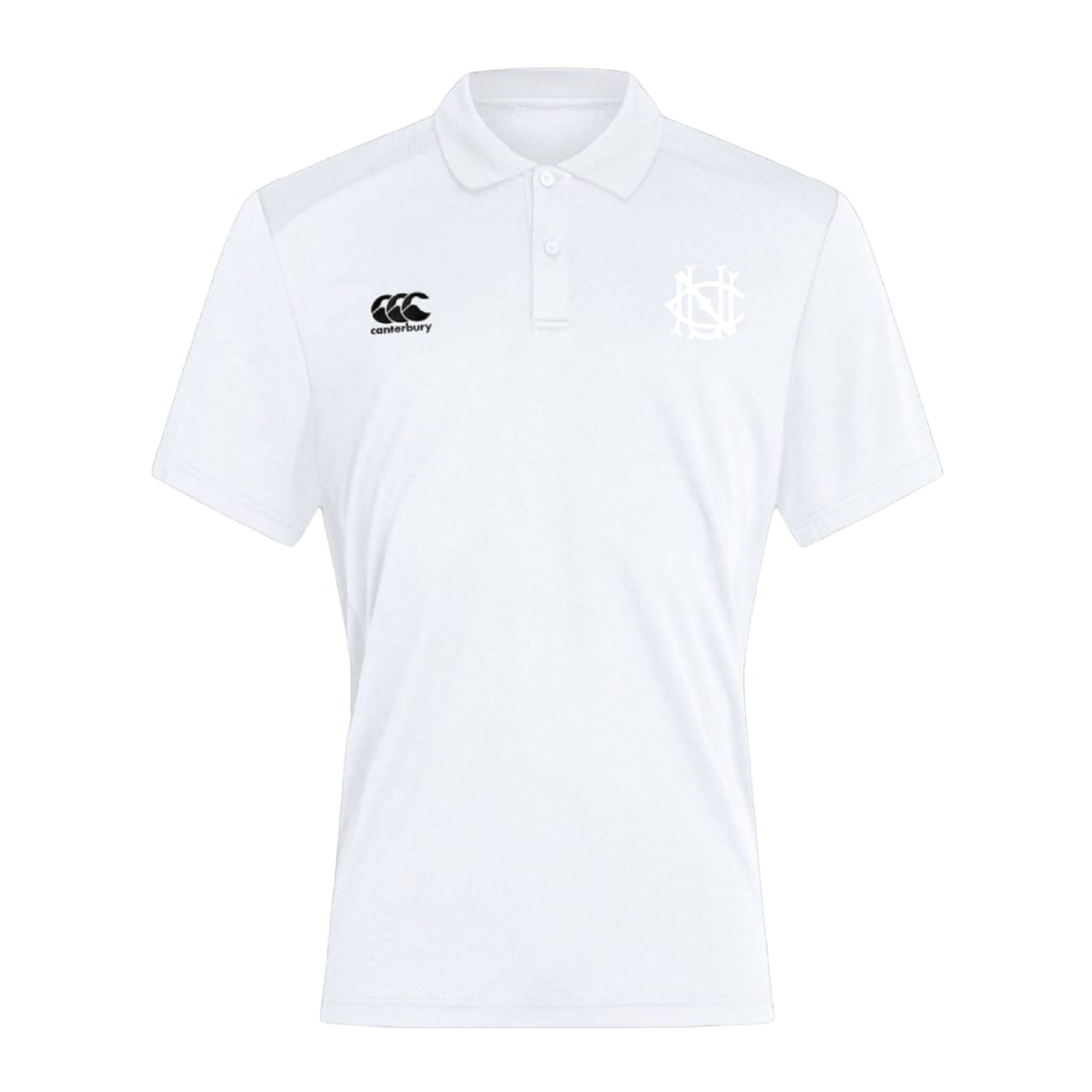 The UNC Rugby Club Dry Polo by EMB Canterbury is a white short-sleeve polo with a collar, featuring the Canterbury logo on the right chest and a monogram logo on the left. Made with Vapodri tech for breathable comfort.