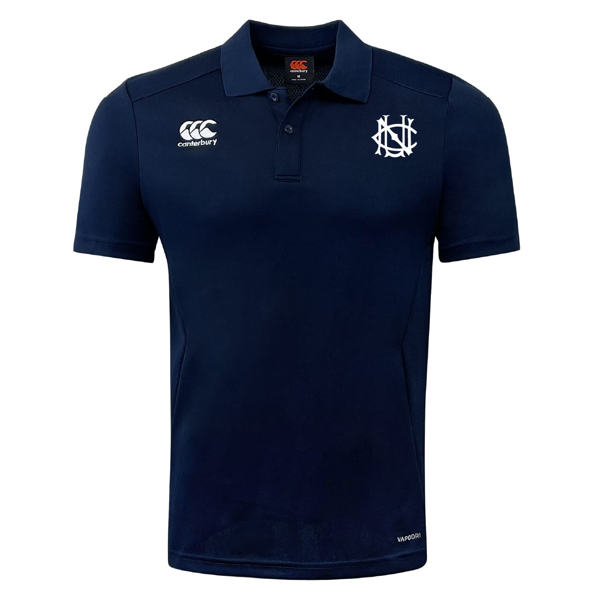 The UNC Rugby Club Dry Polo by EMB Canterbury is a navy blue short-sleeve polo with a collar, featuring white embroidered logos on the chest and shoulder. Made with breathable Vapodri technology for all-day comfort.