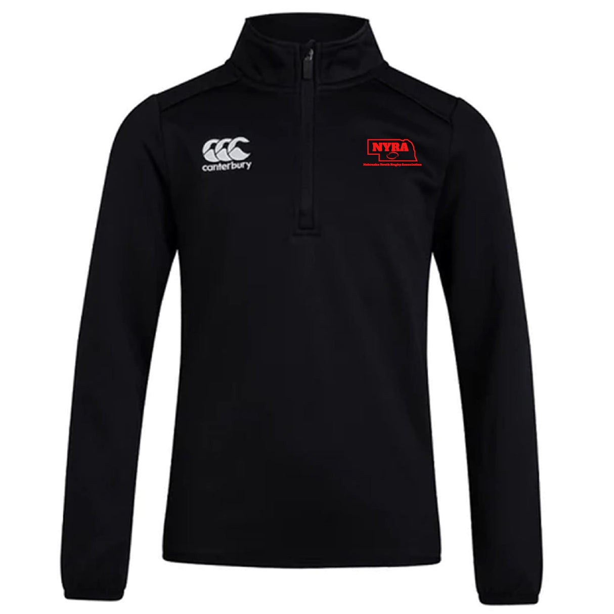 The Nebraska Youth Rugby Association Club 1/4 Zip Mid Layer Training Top by EMB Canterbury features "Canterbury" on the right chest and "NYRA" on the left, ideal for rugby training.