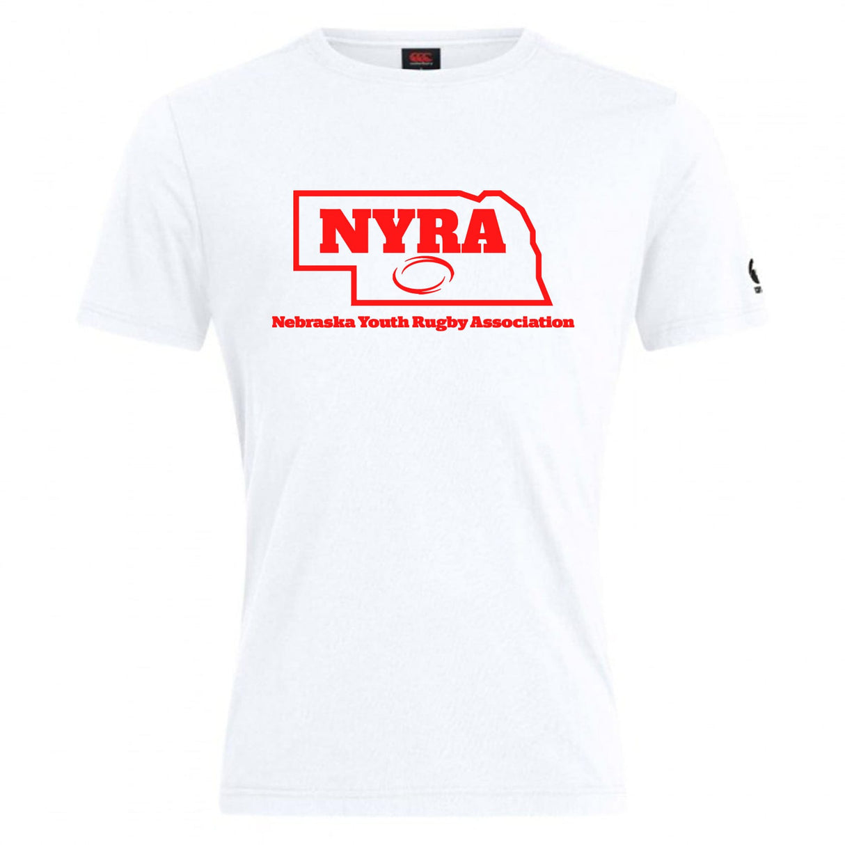 The Nebraska Youth Rugby Association Club Plain Tee by WRS Canterbury is a white cotton blend shirt featuring a red Nebraska outline with "NYRA" and a rugby ball, plus "Nebraska Youth Rugby Association" below.