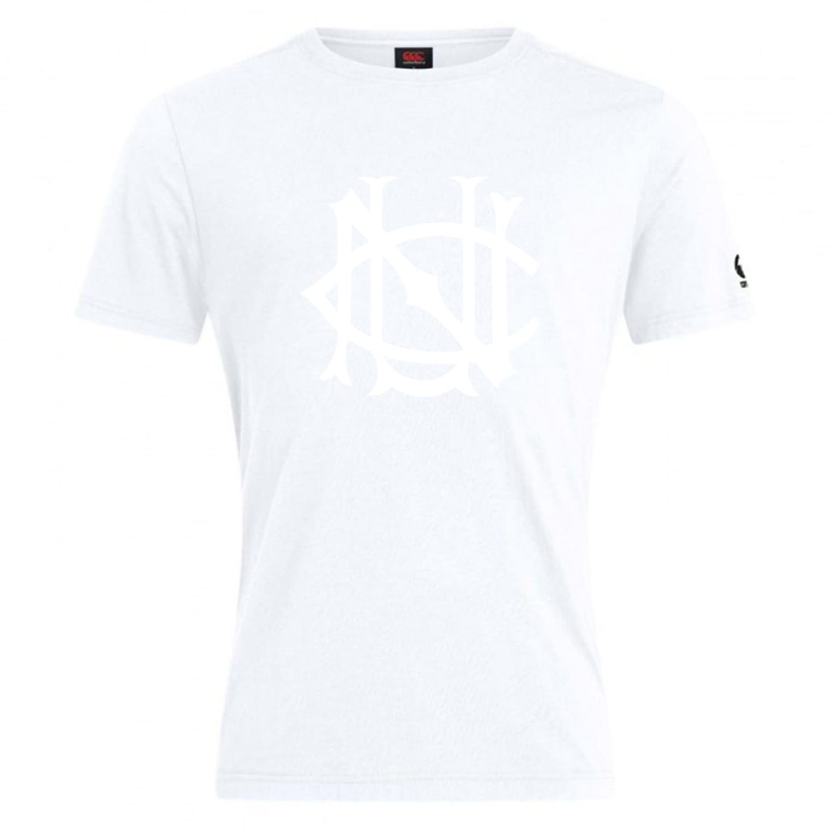 The UNC Rugby Club Plain Tee by WRS Canterbury is a white cotton blend shirt featuring a stylized interlocking "NCH" logo on the chest and a small black detail on the left sleeve.