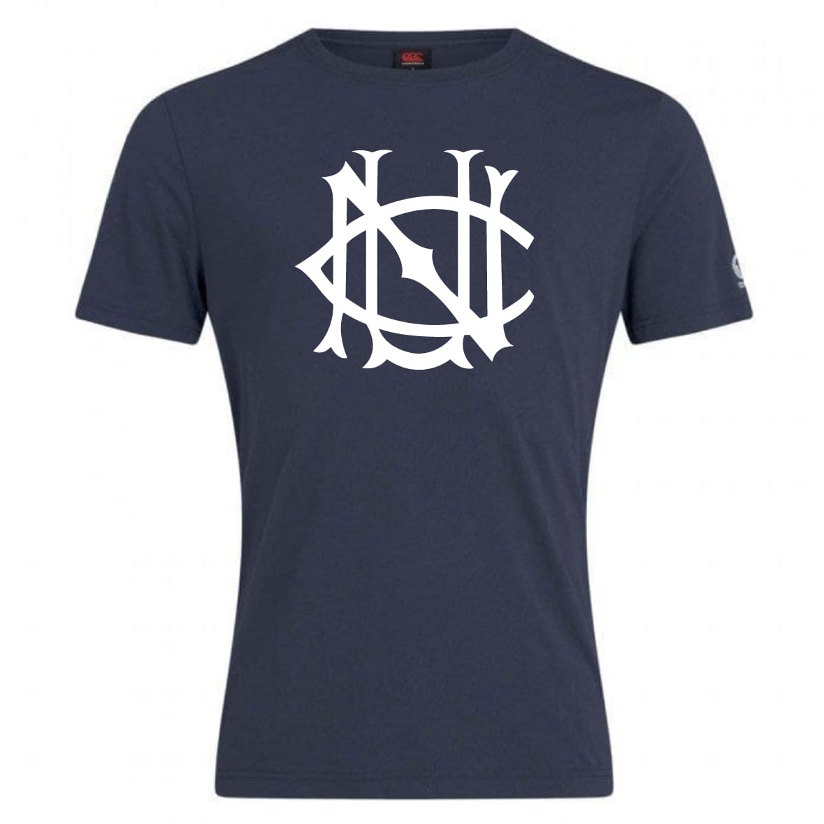 Navy blue cotton blend UNC Rugby Club Plain Tee by WRS Canterbury, featuring a large, stylized white monogram logo on the front—perfect for CCC Club style.