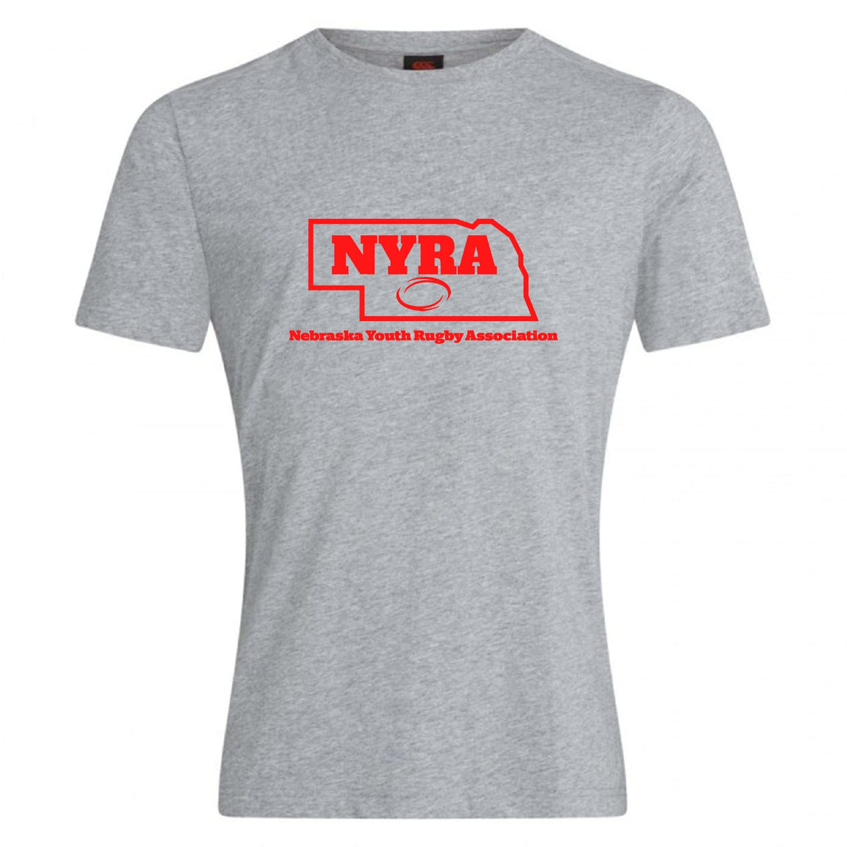 Show your support with the Nebraska Youth Rugby Association Club Plain Tee by WRS Canterbury, featuring red "NYRA" text, a rugby ball, Nebraska outline, and full name printed on a gray cotton-blend shirt—perfect for fans and players.