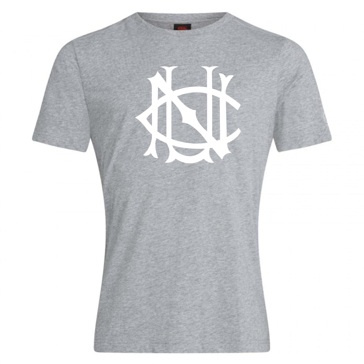 A light gray cotton blend UNC Rugby Club Plain Tee by WRS Canterbury features a large, stylized white monogram on the chest, combining comfort and style for everyday wear.