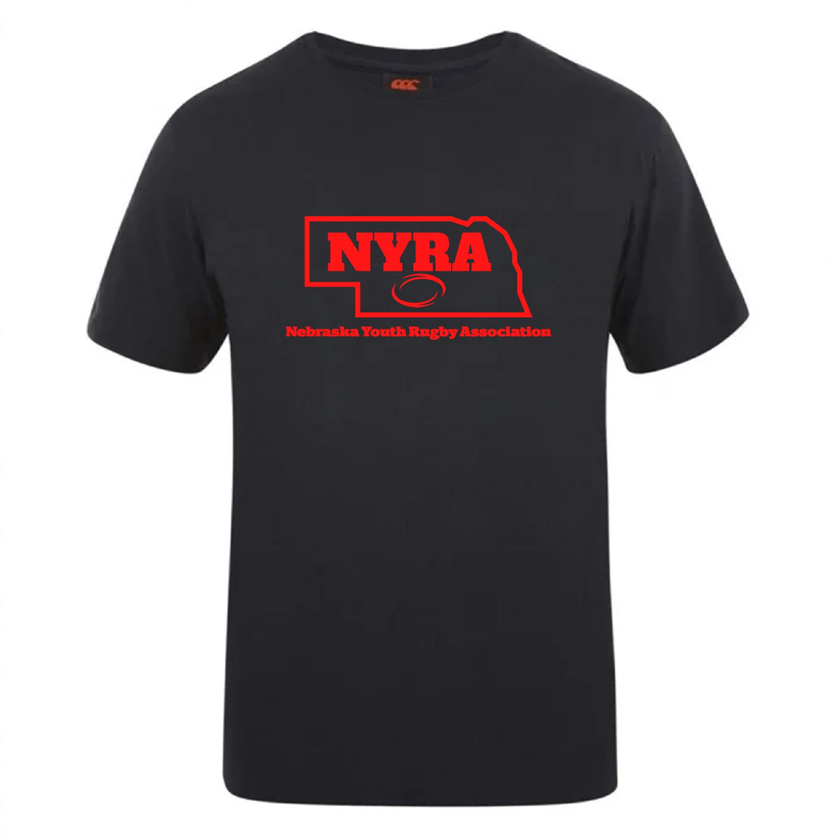 The Nebraska Youth Rugby Association Club Plain Tee by WRS Canterbury is a black cotton blend shirt with a red NYRA logo on the front, offering fans comfort, style, and customization.