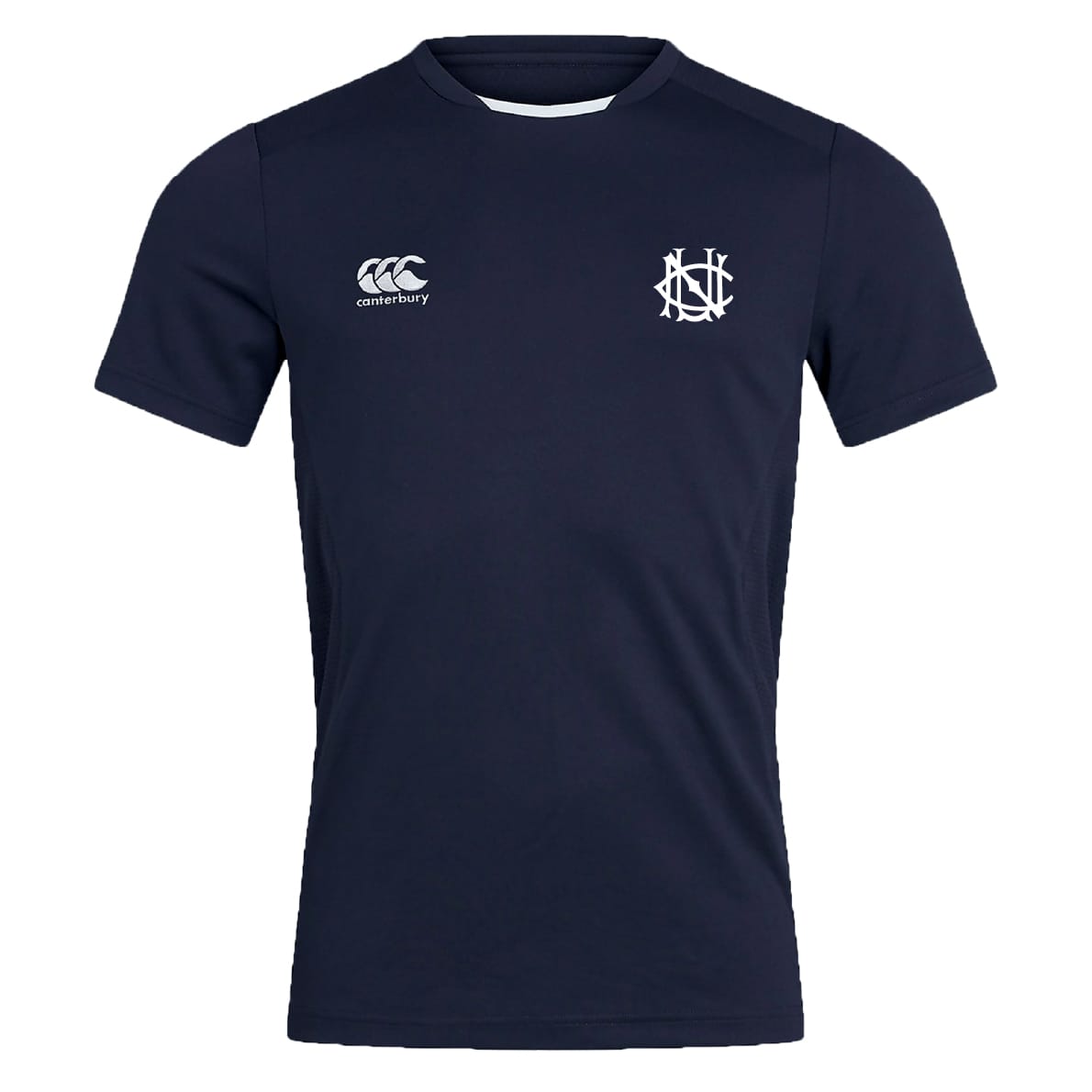 The UNC Rugby Club Dry Tee by EMB Canterbury is a navy short-sleeve shirt with the Canterbury logo on the right chest and a white NSC emblem on the left, made with Vapodri Technology for breathable comfort.