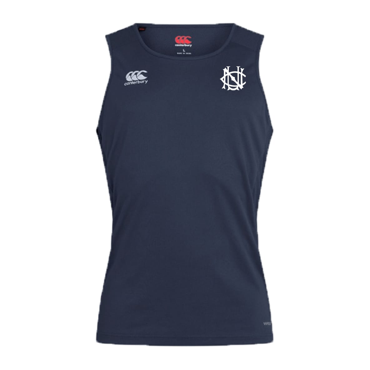 UNC Rugby Club Dry Singlet by EMB Canterbury: navy blue sleeveless tank with white Canterbury logo on right chest, stylized emblem on left, and Vapodri Technology for advanced moisture-wicking performance.