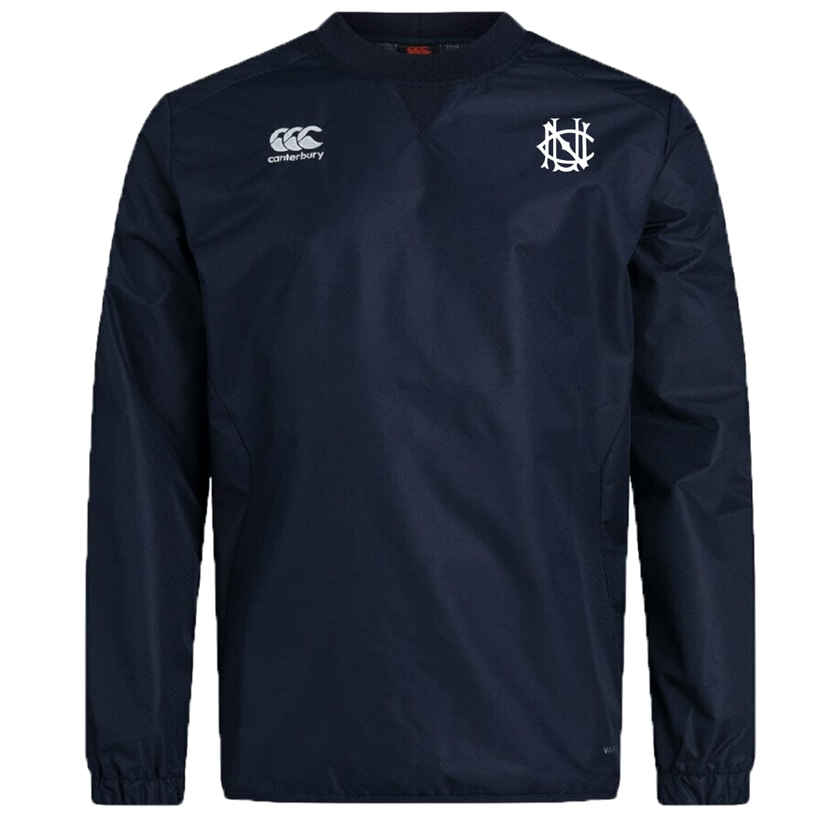 The UNC Rugby Club Vaposhield Contact Top by EMB Canterbury is a navy blue long-sleeve pullover featuring advanced Vaposhield technology, the Canterbury logo, and an interlocking white letter emblem on the chest.