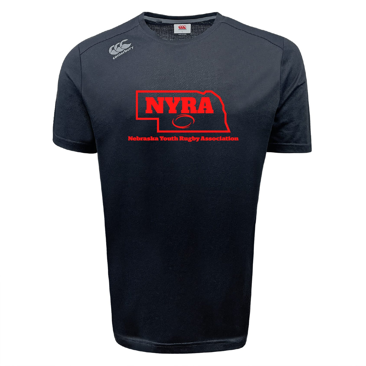 The WRS Canterbury Nebraska Youth Rugby Association Tempo Vapodri T-Shirt features "NYRA" and "Nebraska Youth Rugby Association" in red, a Nebraska outline with rugby ball, and moisture-wicking fabric for top athletic performance.