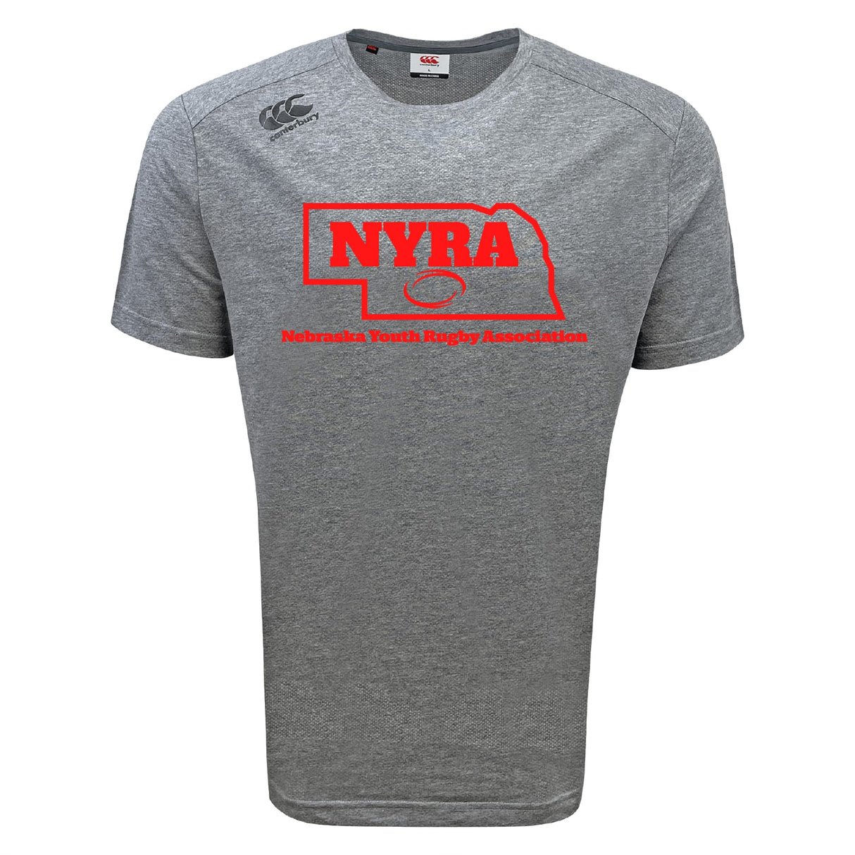 The Nebraska Youth Rugby Association Tempo Vapodri T-Shirt by WRS Canterbury is a gray, moisture-wicking tee with short sleeves, a red NYRA logo, Nebraska map outline, and "Nebraska Youth Rugby Association" on the front.