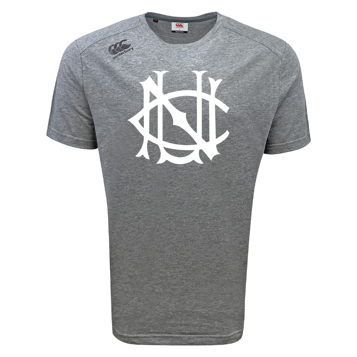 The UNC Rugby Tempo Vapodri T-Shirt by WRS Canterbury is a grey sports tee with a large white logo on the chest and a small shoulder logo, designed for moisture-wicking comfort during athletic activity.