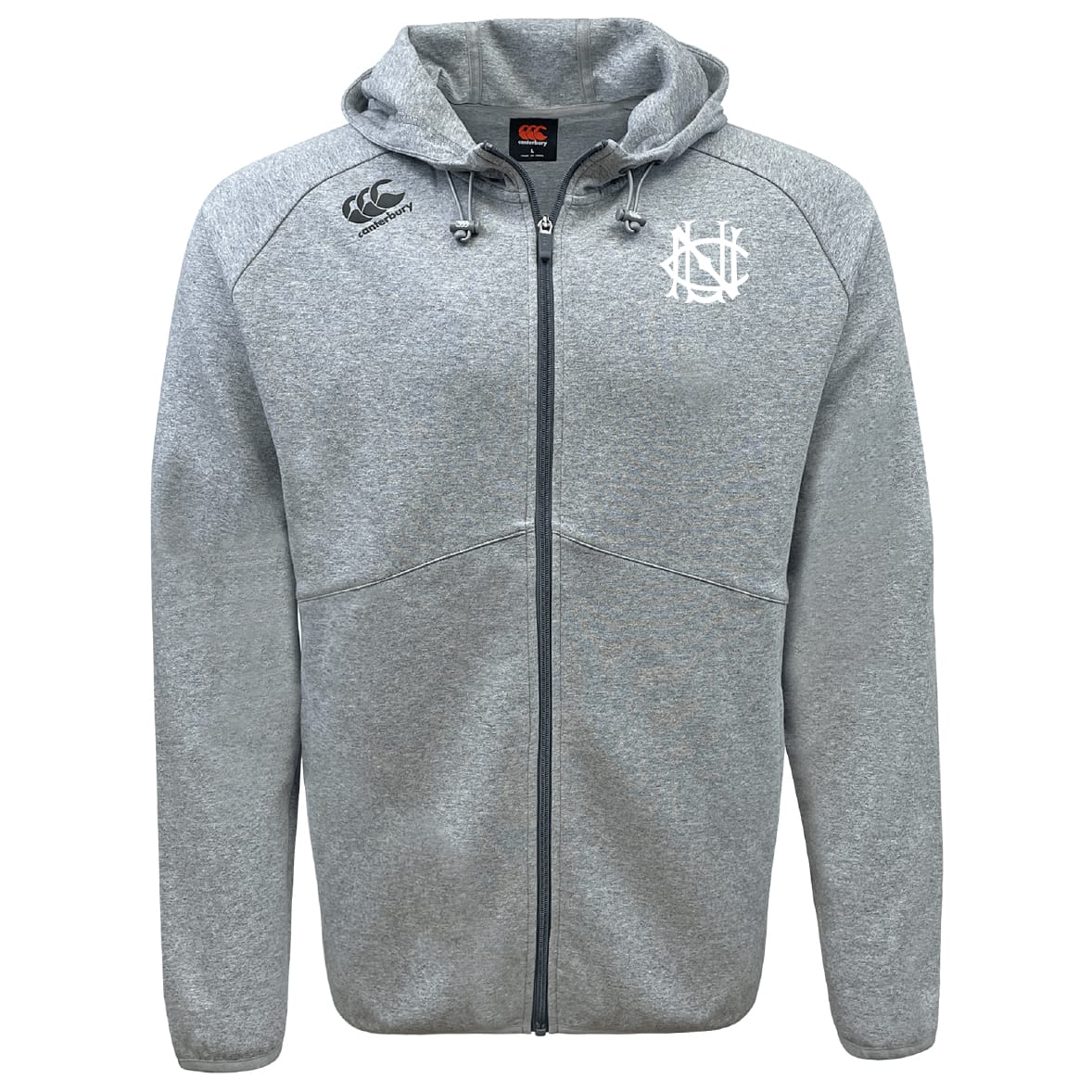 The UNC Rugby Tempo Vapodri Full-Zip Hoodie by EMB Canterbury is a gray zip-up with a hood, drawstrings, two white embroidered chest logos, and moisture-wicking fabric for all-day comfort.