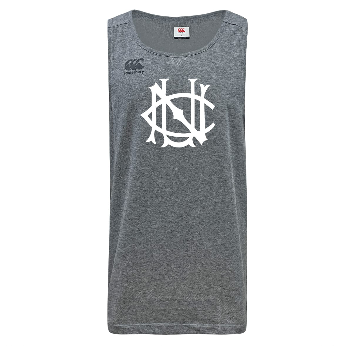 The UNC Rugby Tempo Vapodri Singlet by WRS Canterbury is a grey, sleeveless, moisture-wicking top made from recycled polyester, featuring a large white stylized logo and a small Canterbury logo on the front.