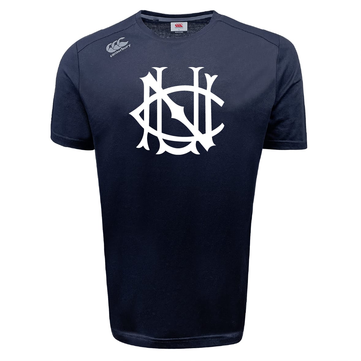 The UNC Rugby Tempo Vapodri T-Shirt by WRS Canterbury is a navy blue athletic performance tee with a large white monogram logo on the chest and a smaller white "Canterbury" logo on the right shoulder for superior comfort.