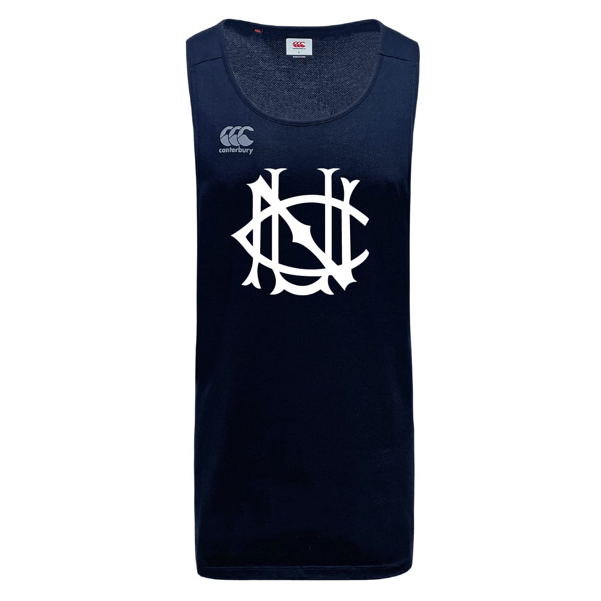 The UNC Rugby Tempo Vapodri Singlet by WRS Canterbury is a navy blue moisture-wicking athletic singlet with a white “NSC” logo on the front and a small Canterbury logo on the upper left chest.