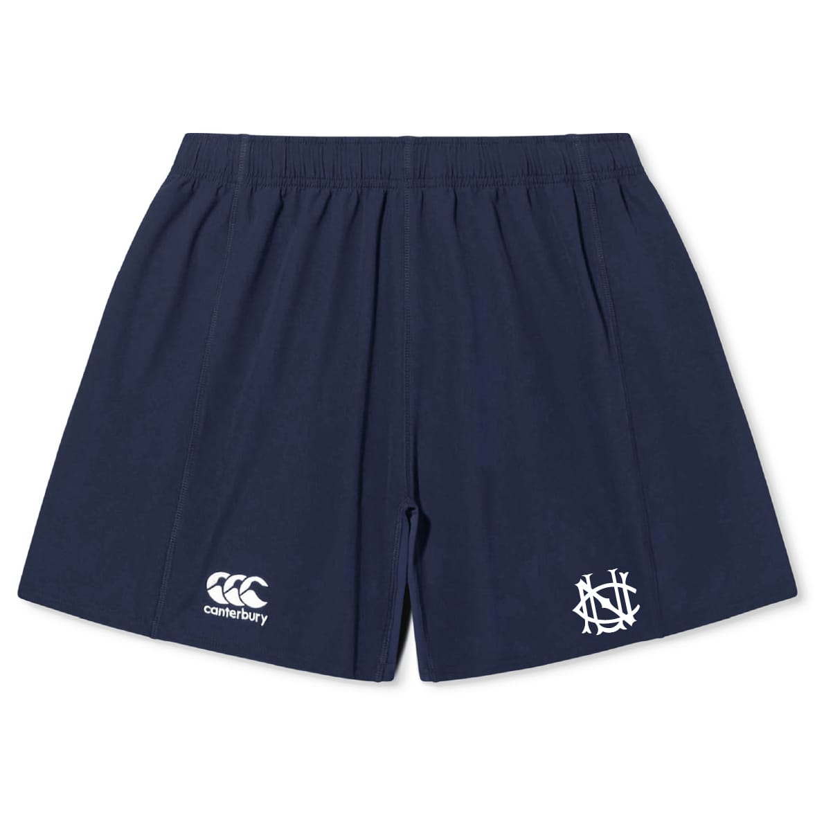 The UNC Rugby Yokohama Short by EMB Canterbury features a navy blue design, elastic waistband, Canterbury logo on the left leg, and a white monogram on the right—delivering classic rugby style and comfort.