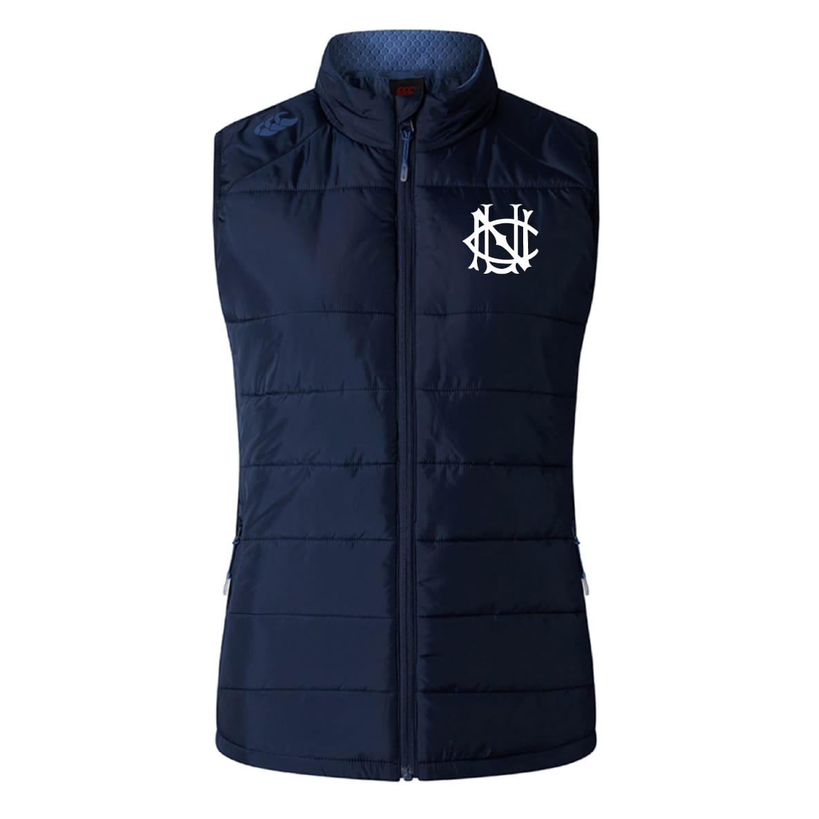 The UNC Rugby Women's Elite Microlite Gilet by EMB Canterbury is a navy insulated vest with a front zipper, made from Thermoreg bonded fleece and features a white monogram logo on the left chest.