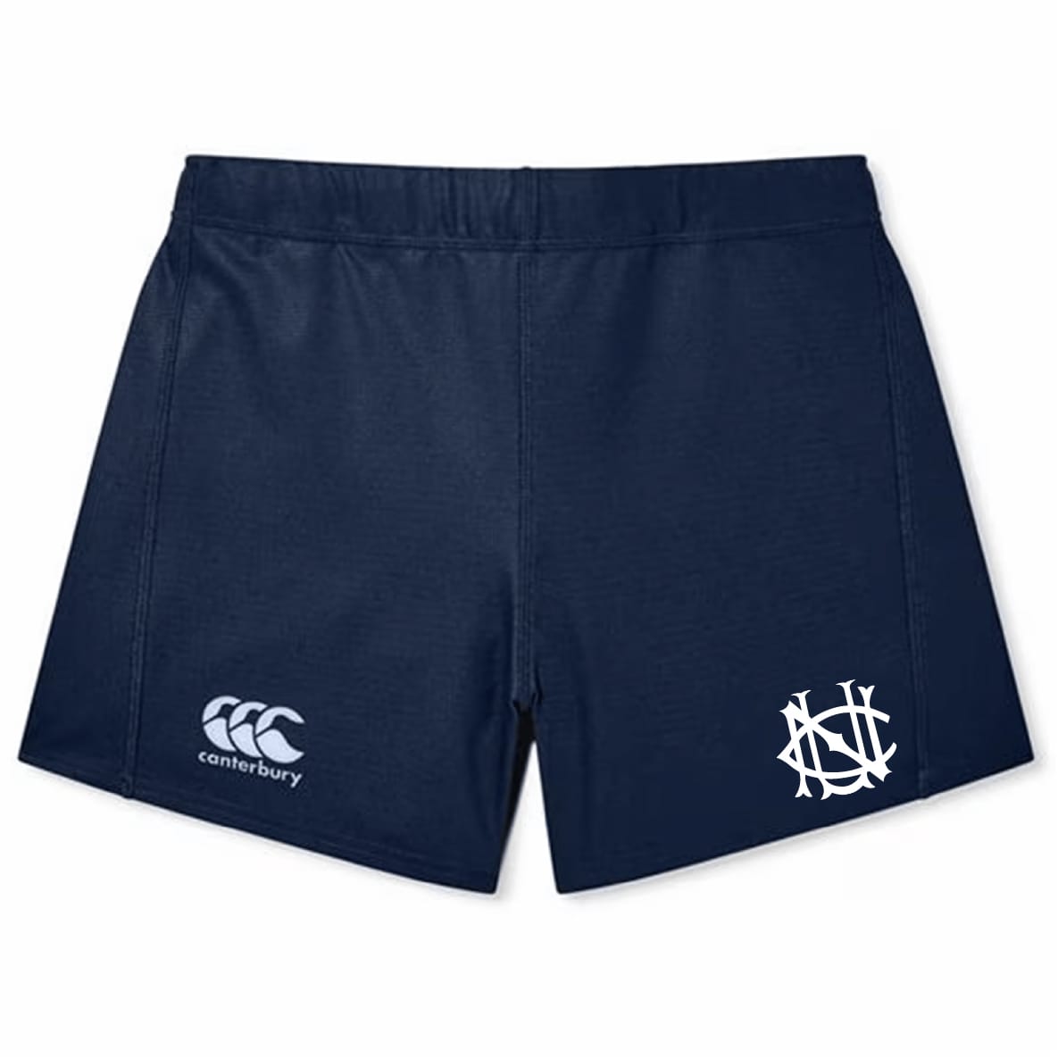 The EMB Canterbury UNC Rugby Women's Yokohama Short features classic navy blue styling, a white Canterbury logo on the left leg, and a monogram emblem on the right for comfort and performance.